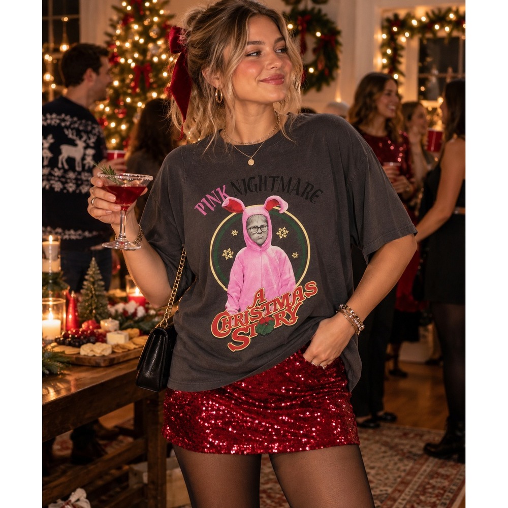 A Christmas Story Pink Nightmare Ralphie Bunny Suit Graphic T-Shirt Gray XL